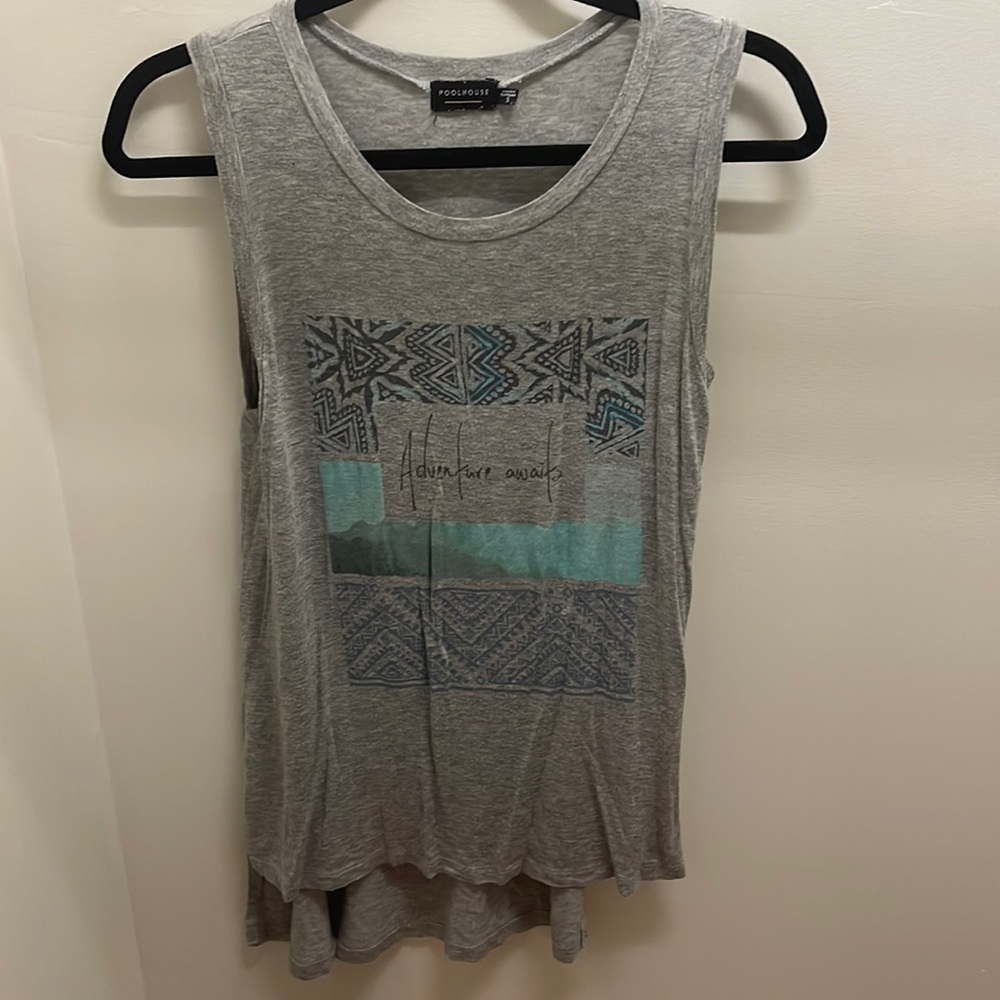 Gray “Adventure awaits” Aztec detail tank tunic